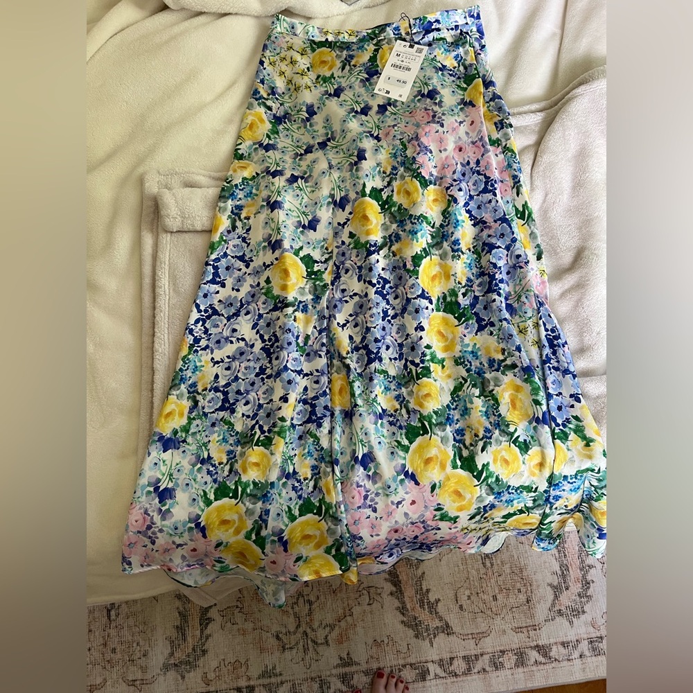 Zara Yellow and Blue Pleated Maxi Skirt